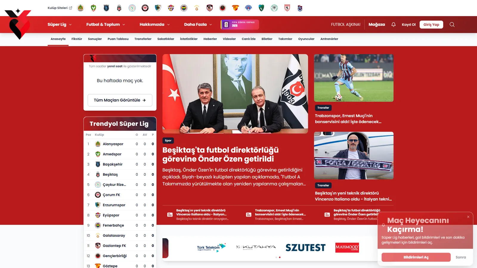Ana sayfa — Haftanın maçları, öne çıkan haberler ve puan durumu tek ekranda.