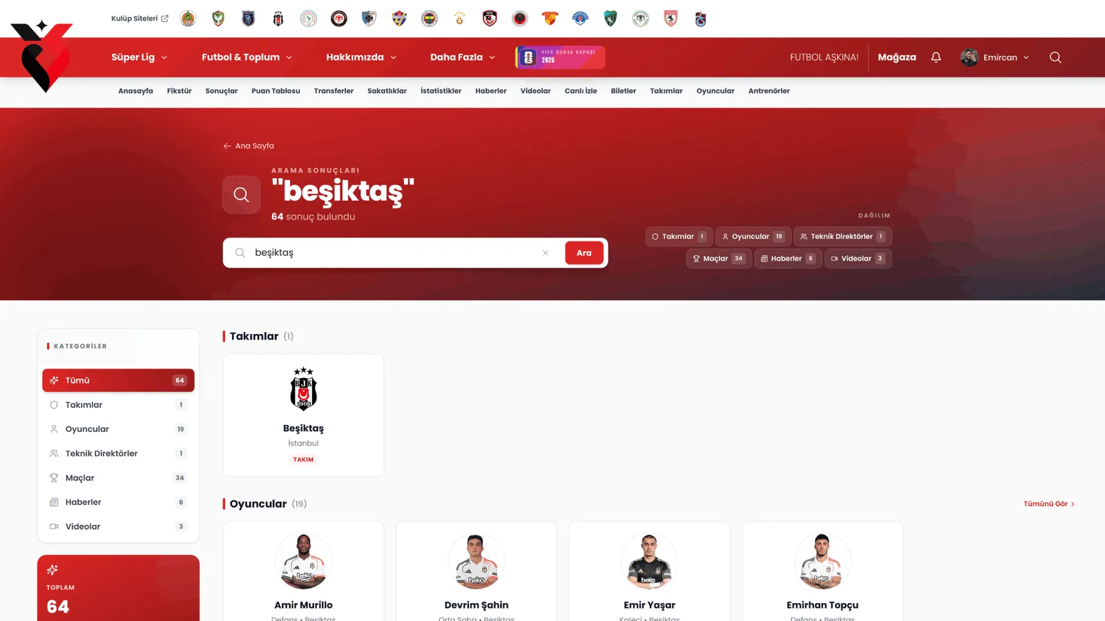Arama sonuçları — Takım, oyuncu, teknik direktör, maç, haber ve video tek sorguda.