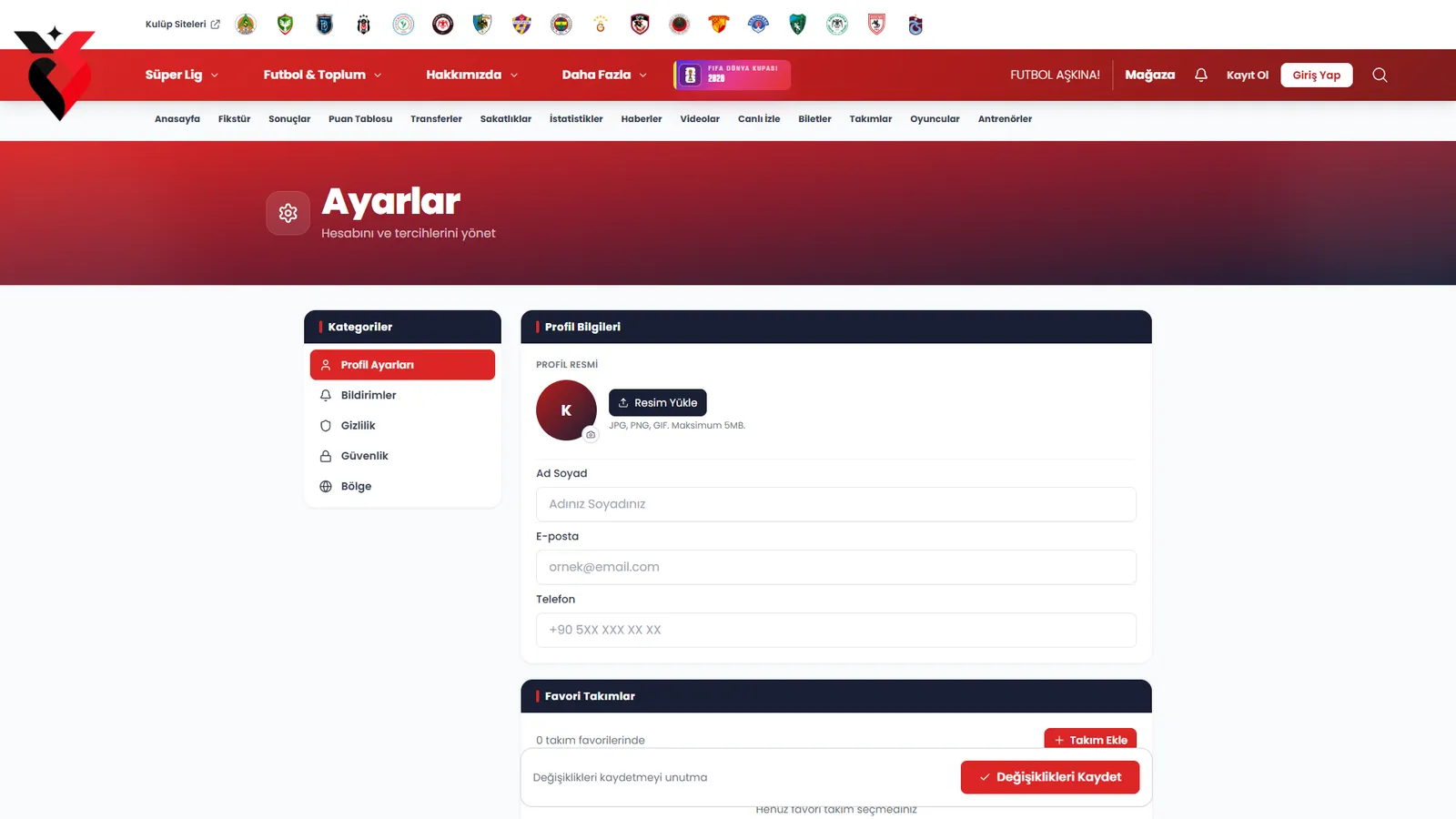 Hesap ayarları — Profil, bildirim, gizlilik ve favori takım tercihleri.