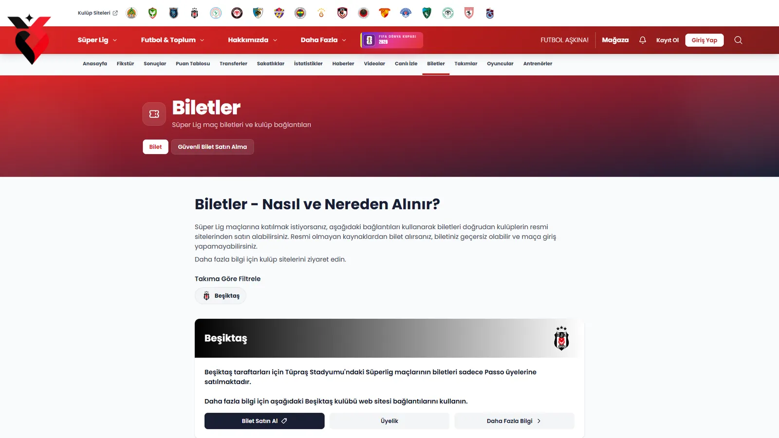Biletler — Kulüplerin resmî bilet kanalları, takıma göre filtrelenebilir.