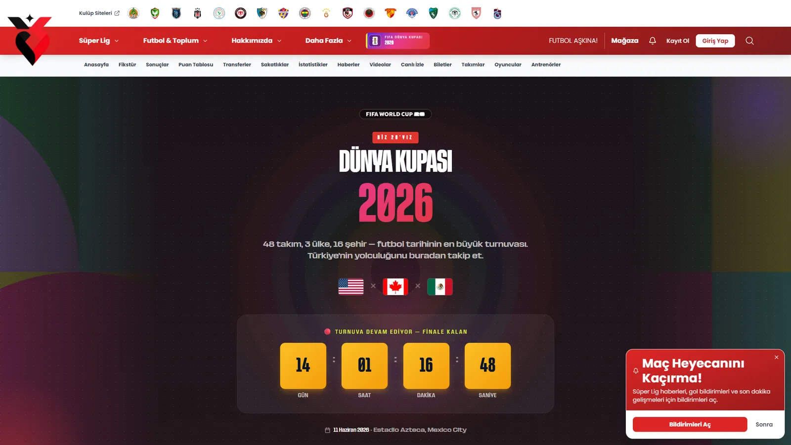Dünya Kupası 2026 — Turnuvaya geri sayım ve Türkiye’nin yolculuğu için ayrı bir bölüm.