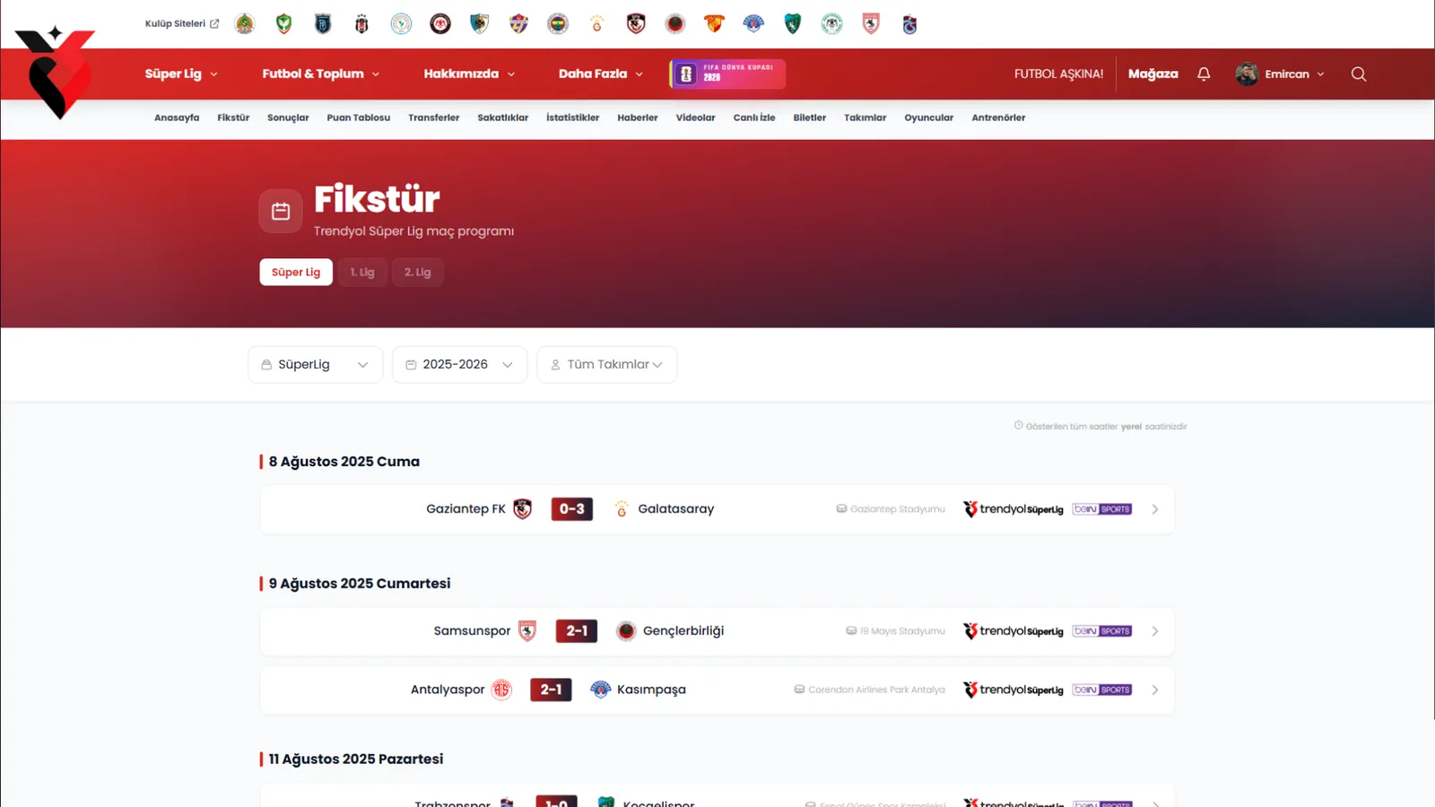 Fikstür — Sezon ve takım filtreleriyle 34 haftanın tamamı, güne göre gruplanmış.