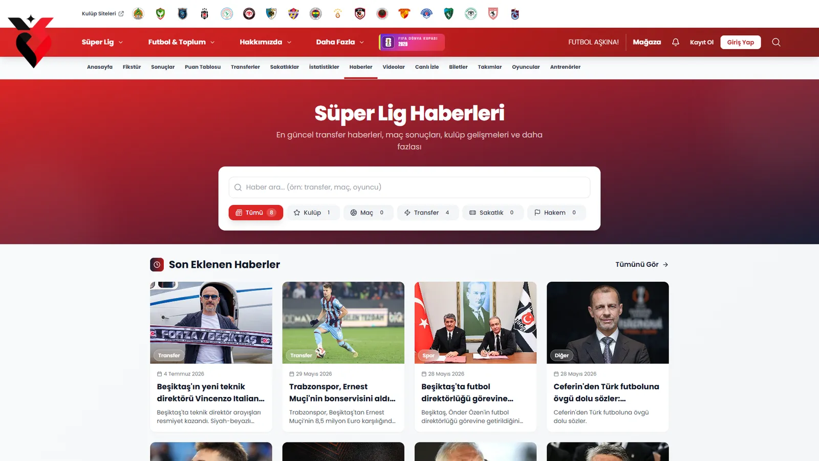 Haberler — Kategori rozetleri ve arama ile transfer, maç ve kulüp gündemi.