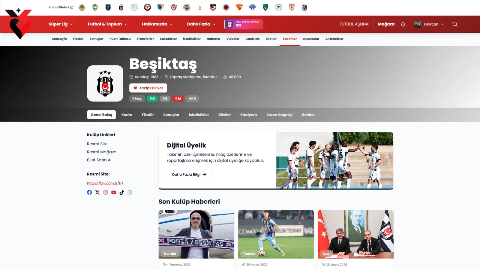 Takım sayfası — Kadro, fikstür, istatistik, stadyum ve sezon geçmişi kulübün kendi evinde.