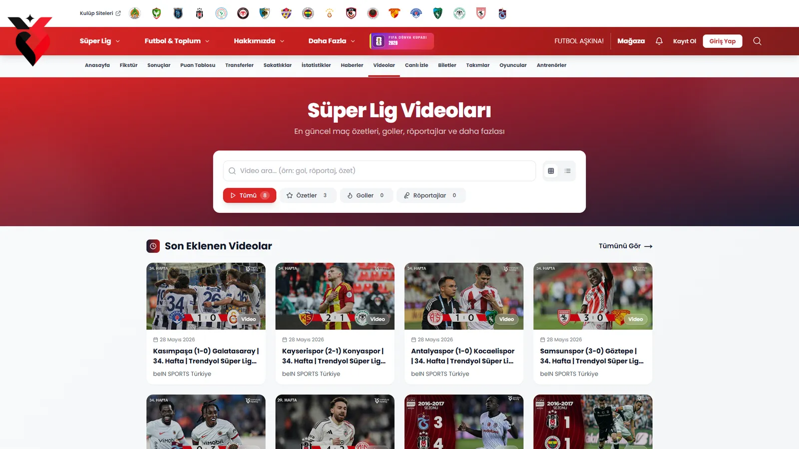 Videolar — Maç özetleri, goller ve röportajlar; skor rozetli kapaklarla.