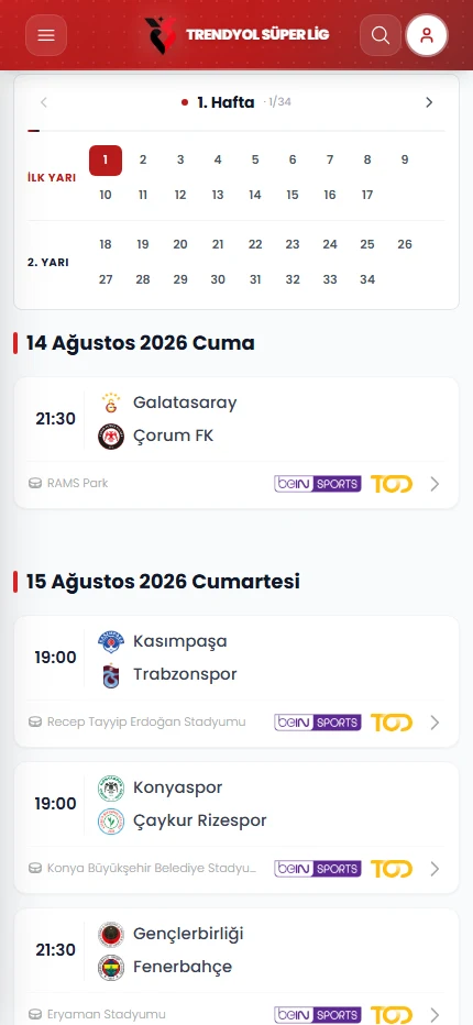 Fikstür ekranının mobil görünümü
