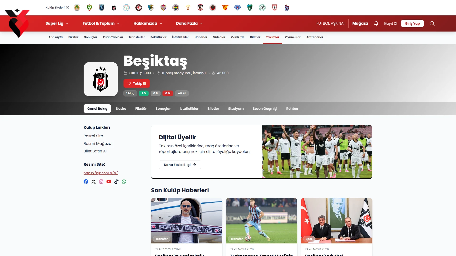 Takım sayfası: kadro, istatistik ve kulüp bilgileri